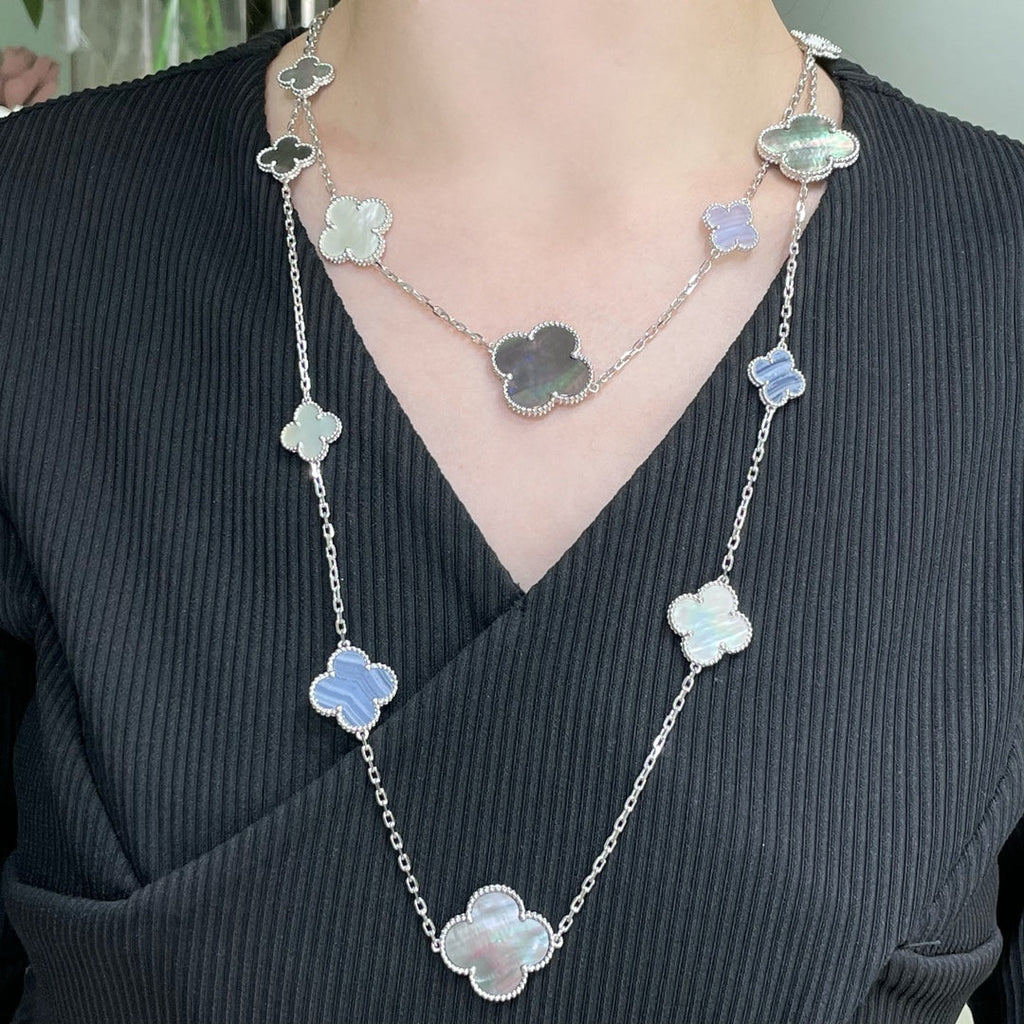 Miro CLOVER 16 MOTIF CHALCEDONY MOP SILVER NECKLACE