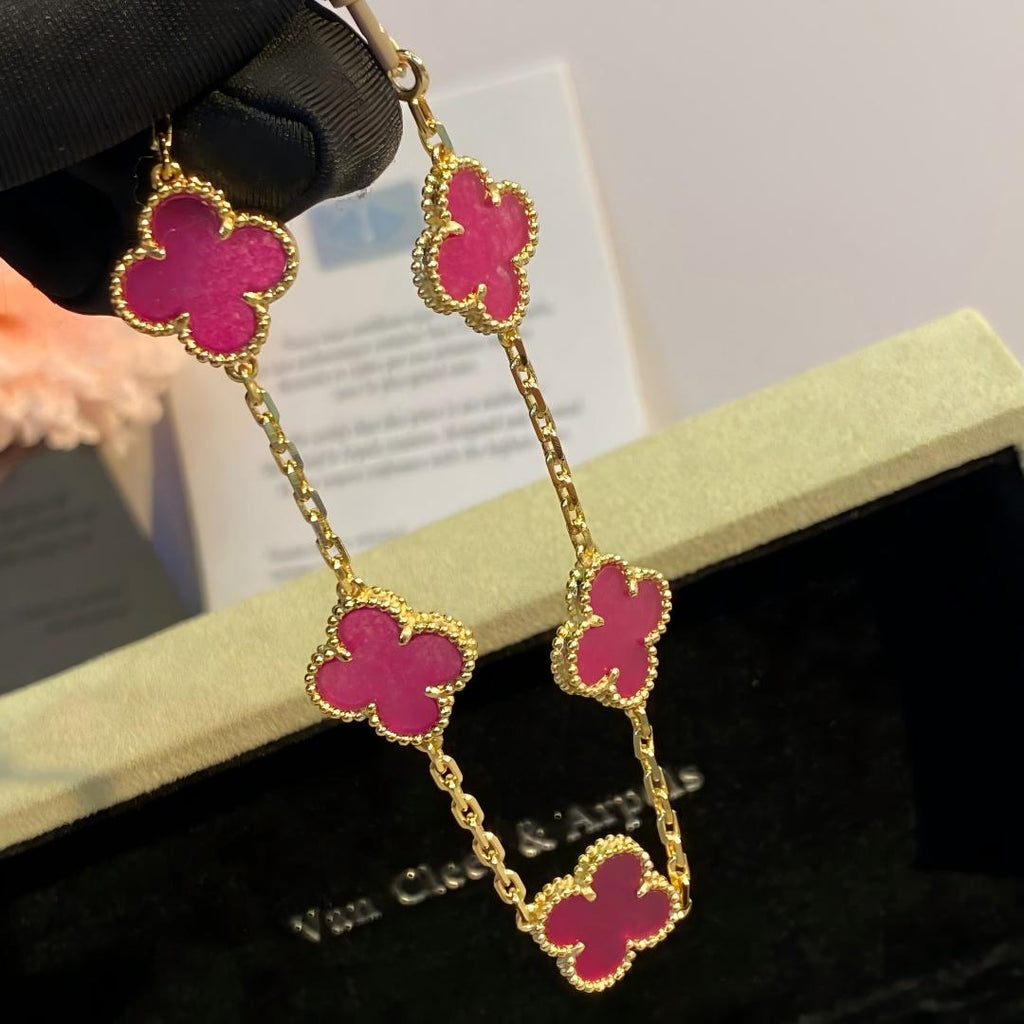 [Miro]NEW CLOVER 5 MOTIFS PINK ENAMEL BRACELET