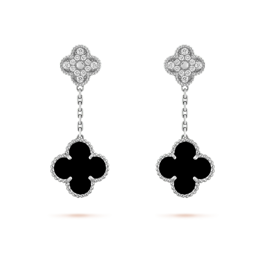 Miro CLOVER 2 MOTIFS  DIAMOND ONYX EARRINGS SILVER