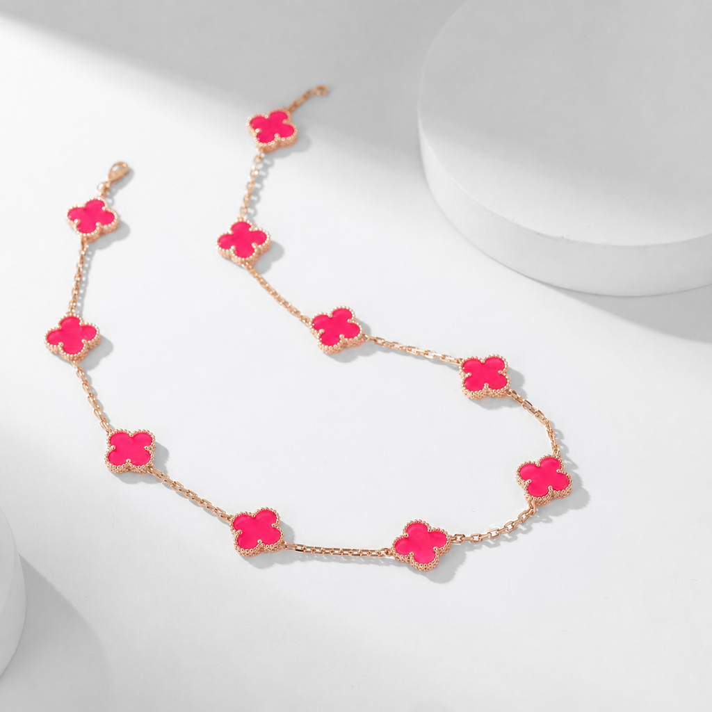 [Miro]NEW CLOVER 10 MOTIFS PINK ENAMEL NECKLACE