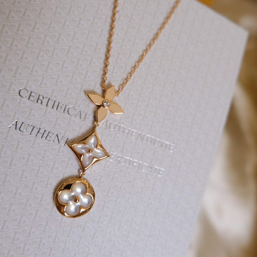 Miro COLOR BLOSSOM LARIAT NECKLACE PINK GOLD WHITE MOTHER PEARL AND DIAMOND