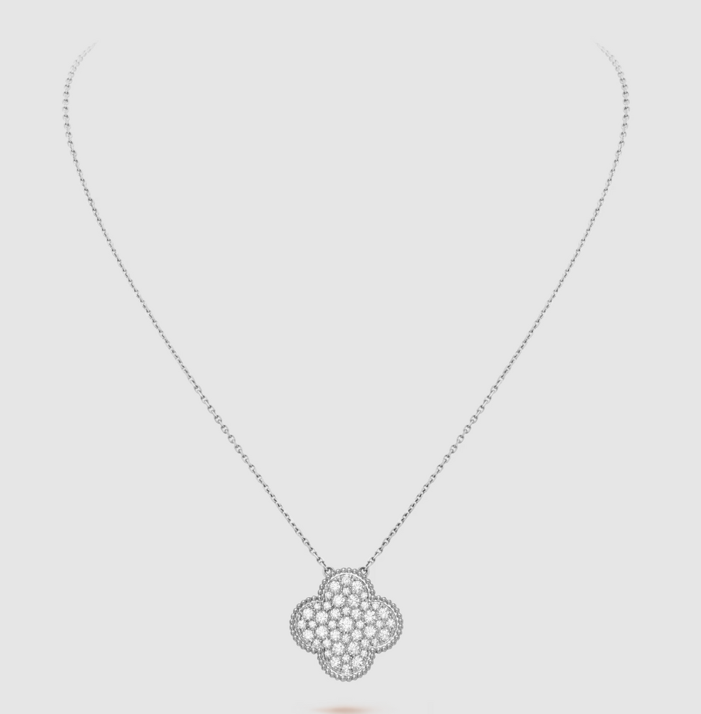 Miro CLOVER 25MM LARGE PENDANT DIAMOND PAVED SILVER NECKLACE
