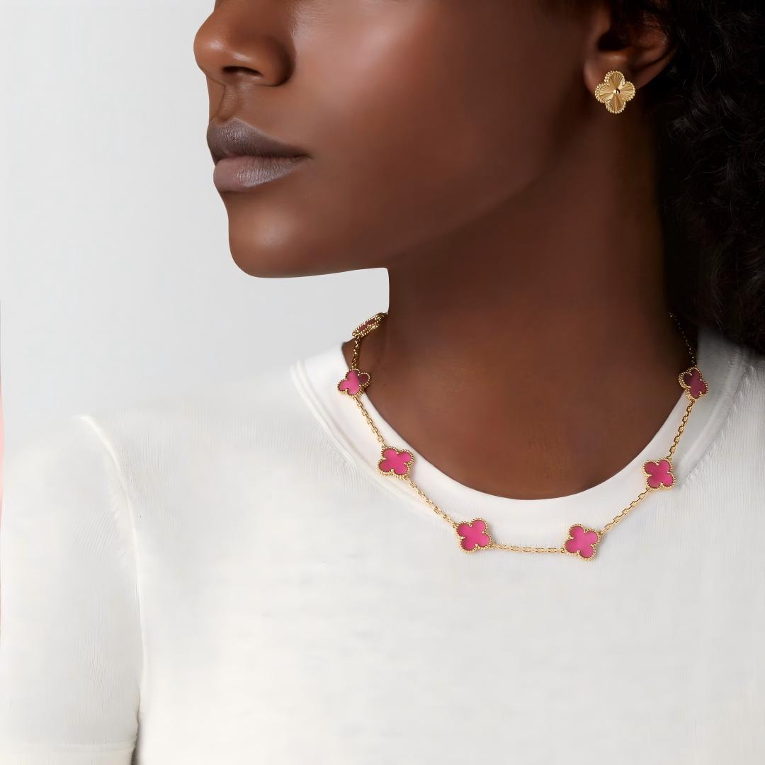 [Miro]NEW CLOVER 10 MOTIFS PINK ENAMEL NECKLACE